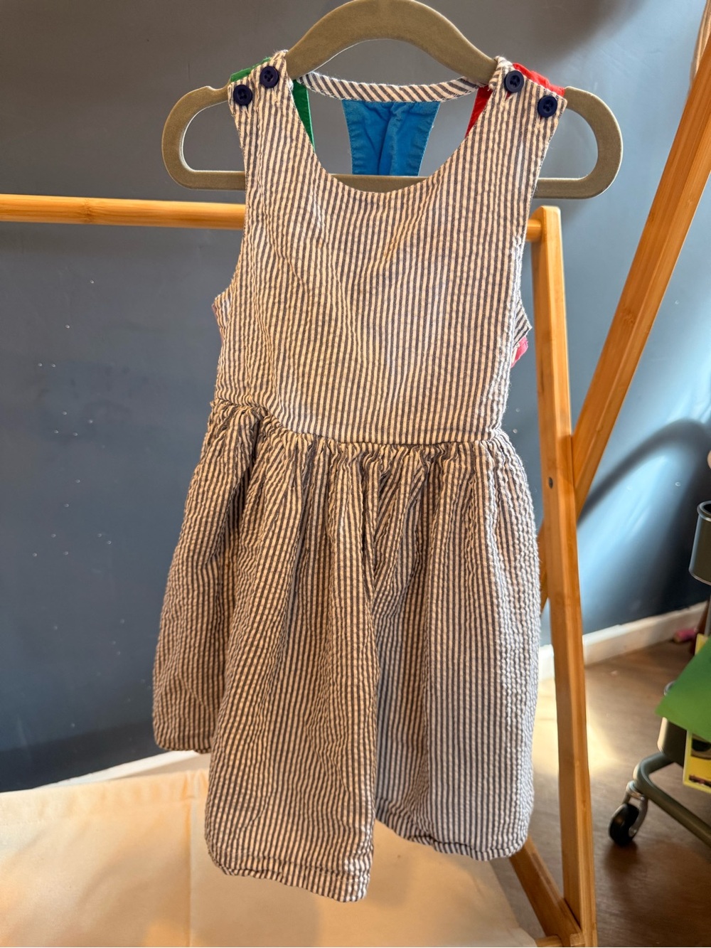 Mini Boden Striped Cotton Seersucker Rainbow Detail Kids Dress - 3-4Y